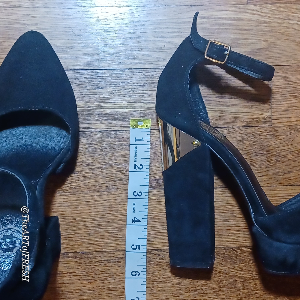Black Suede Block Heels with Gold Accents - Picture 8 of 16